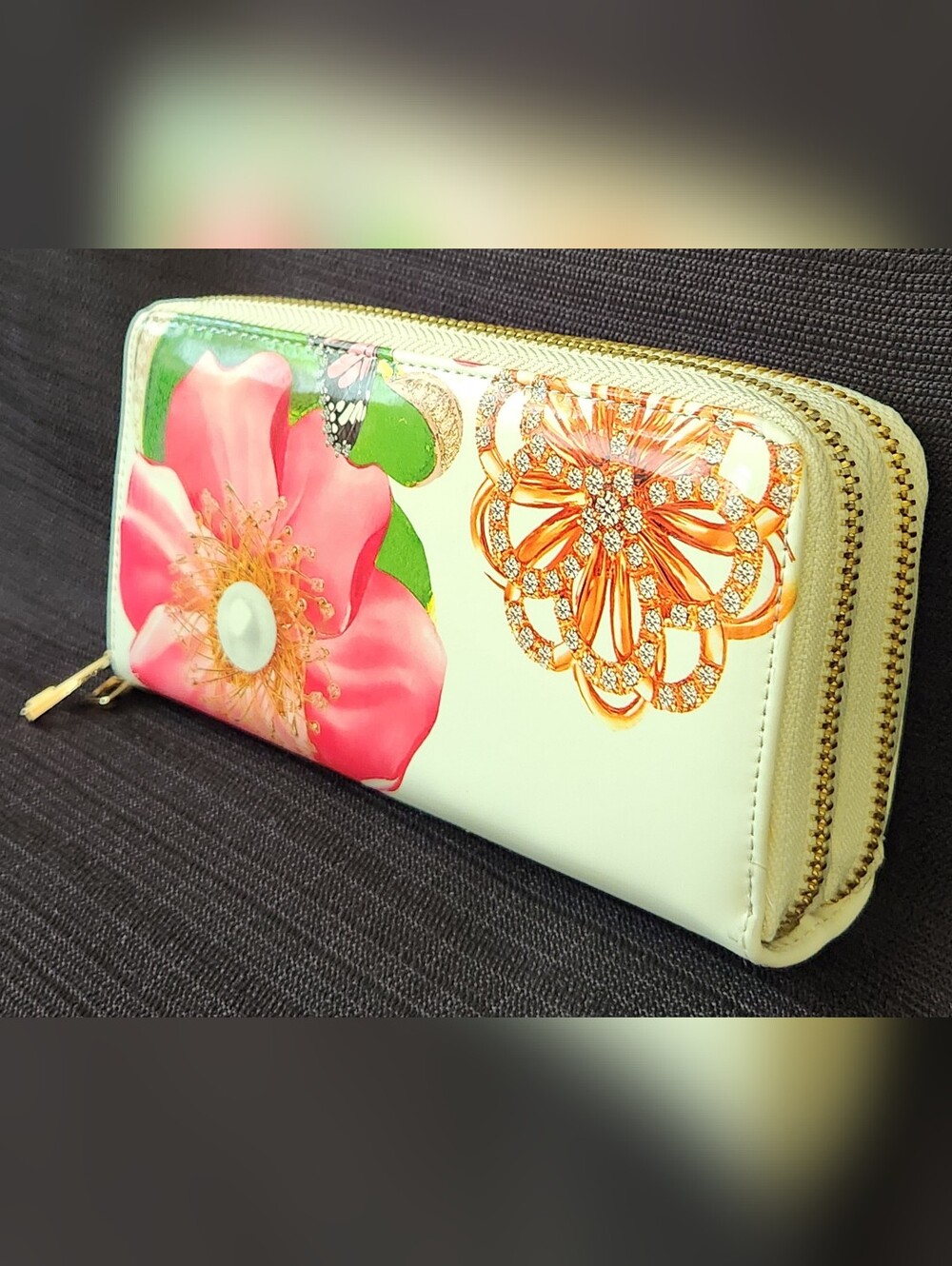 Floral Butterfly Print Double Zip Around Wallet White Patent Faux Leather Clutch - Picture 3 of 16
